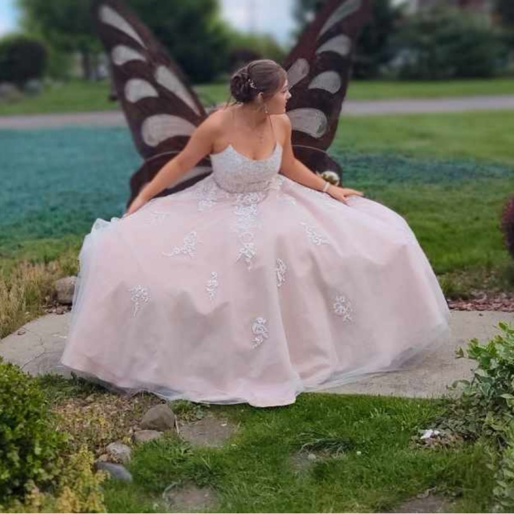 Light Pink/ Nude lace ball gown with pockets. No previous alterations done.